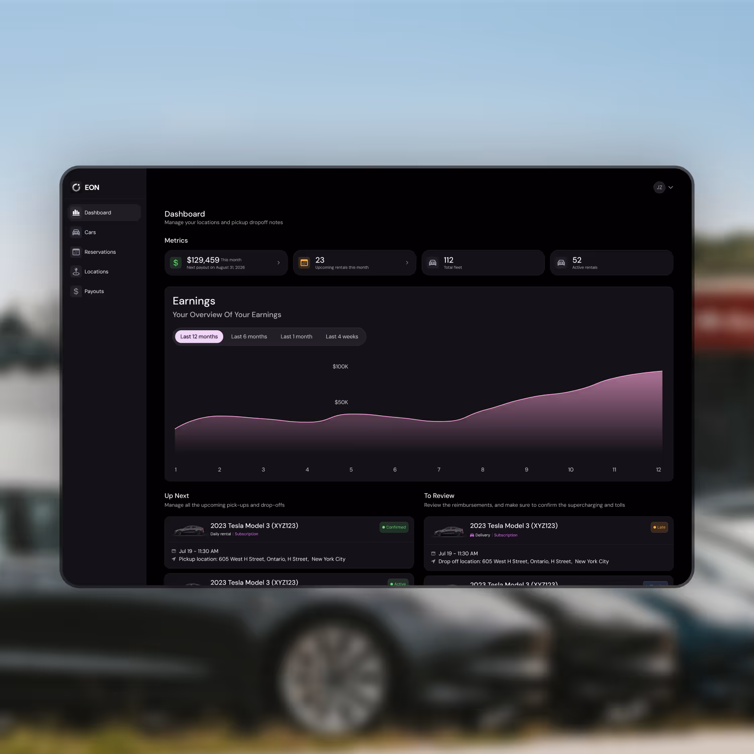 Dark-themed dashboard interface showing monthly earnings graph, metrics including monthly revenue, upcoming rentals, fleet size, and active rentals, with sections for upcoming and review rental tasks featuring 2023 Tesla Model 3 details.