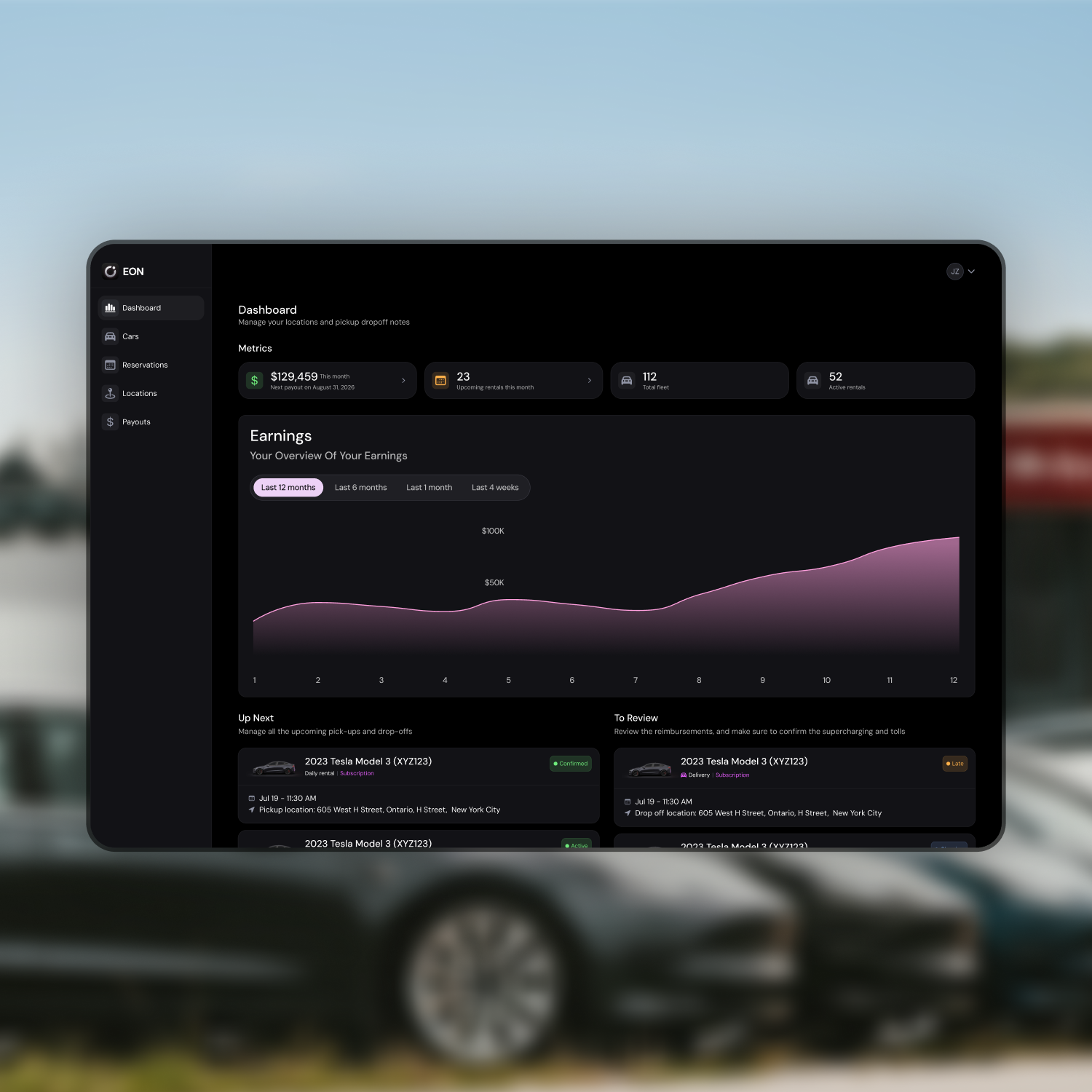 Dark-themed dashboard interface showing monthly earnings graph, metrics including monthly revenue, upcoming rentals, fleet size, and active rentals, with sections for upcoming and review rental tasks featuring 2023 Tesla Model 3 details.