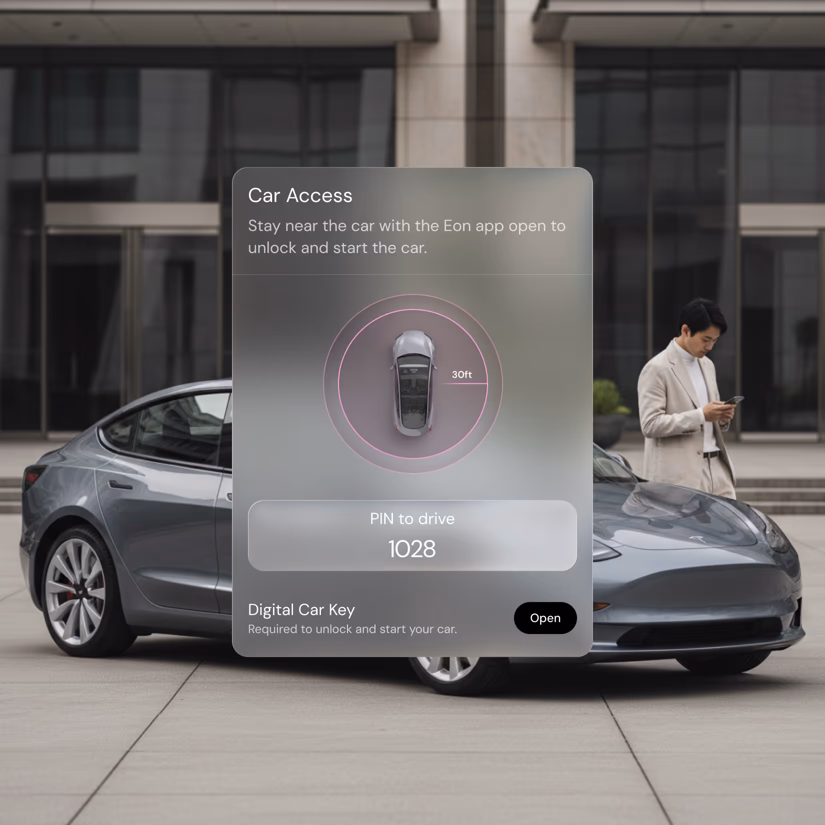Man standing near a gray Tesla parked outside a modern building using a smartphone, with a digital car key app overlay showing car access and a PIN code.