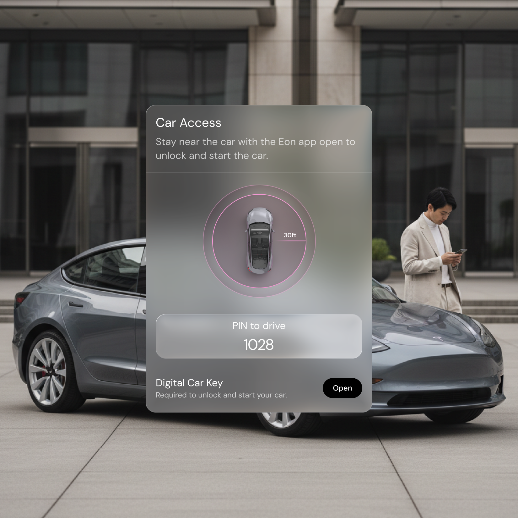 Man standing near a gray Tesla parked outside a modern building using a smartphone, with a digital car key app overlay showing car access and a PIN code.