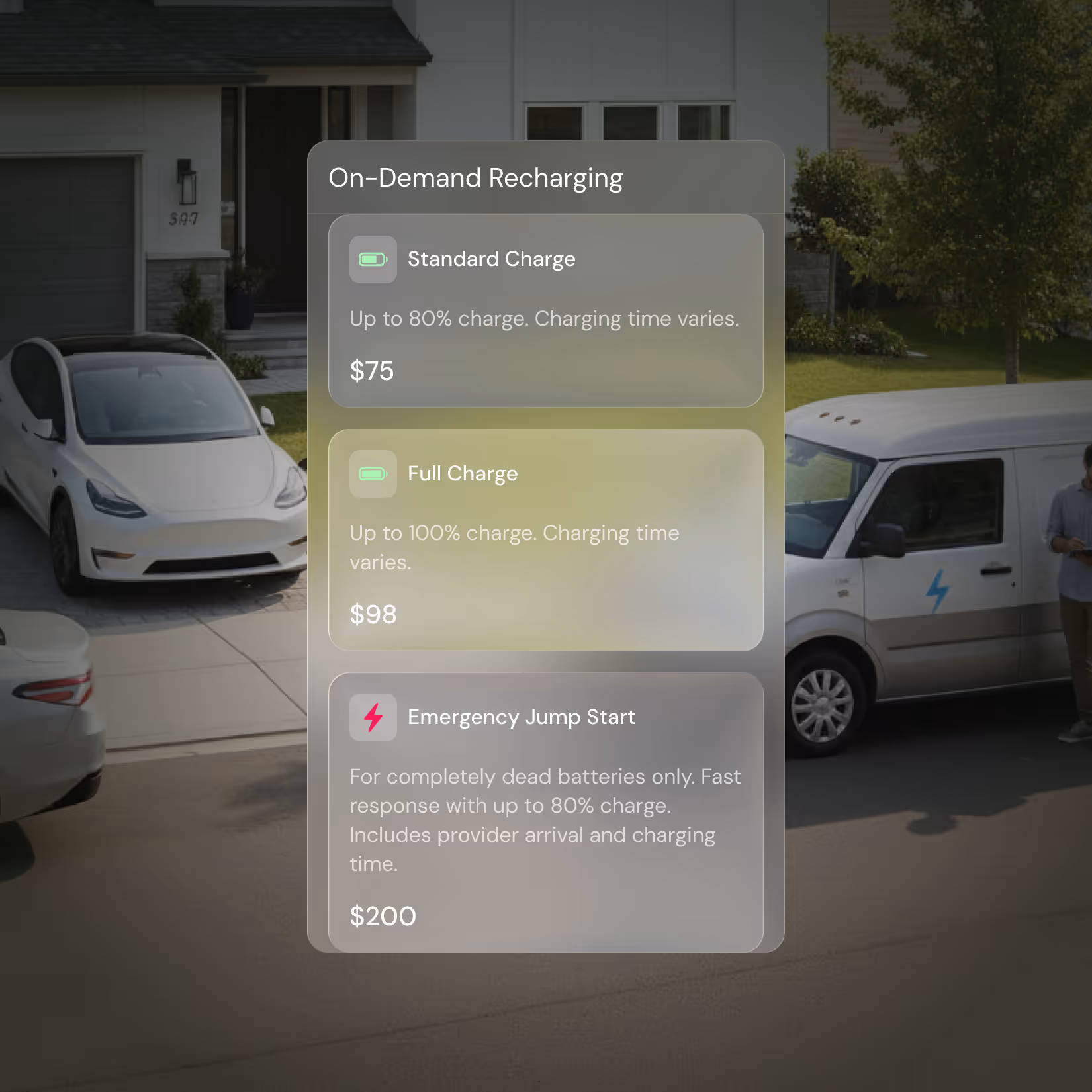 On-demand recharging options for electric vehicles showing Standard Charge for $75, Full Charge for $98, and Emergency Jump Start for $200 against a background of parked EVs.