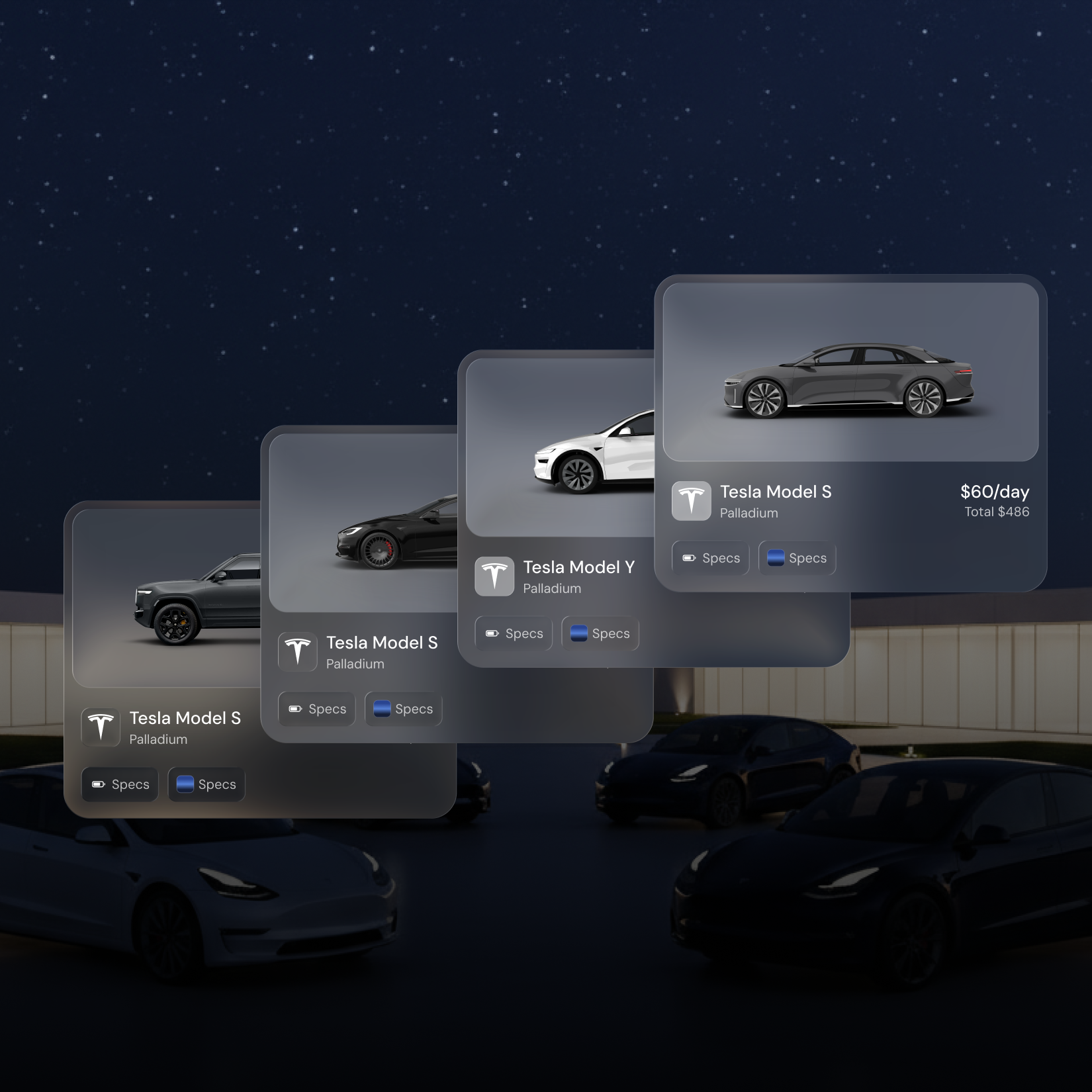 Overlay of Tesla cars for rent including Model S and Model Y in palladium color with rental price $60/day and total $486.