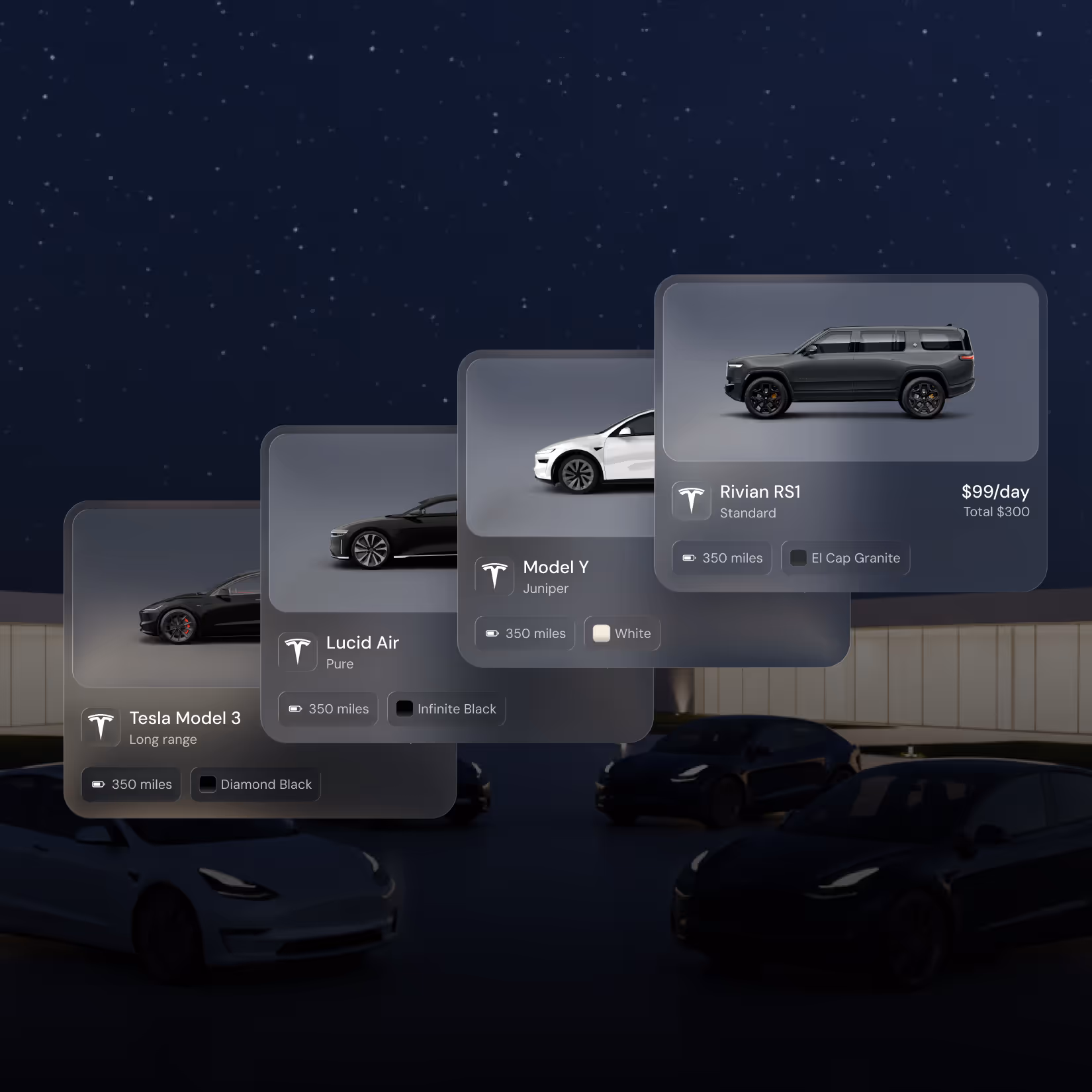 Digital overlay showing Tesla vehicle options including Model 3, Model S, Model Y, and Cybertruck with details on range, specs, and rental price.