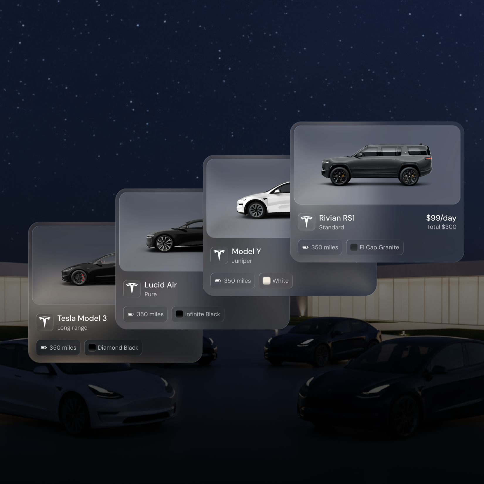 Digital overlay showing Tesla vehicle options including Model 3, Model S, Model Y, and Cybertruck with details on range, specs, and rental price.