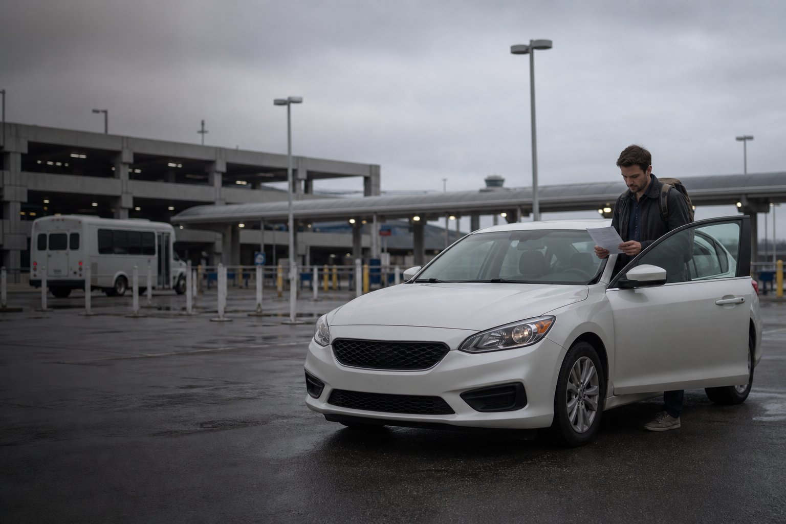 Traveller collecting a rental car at a traditional airport rental counter