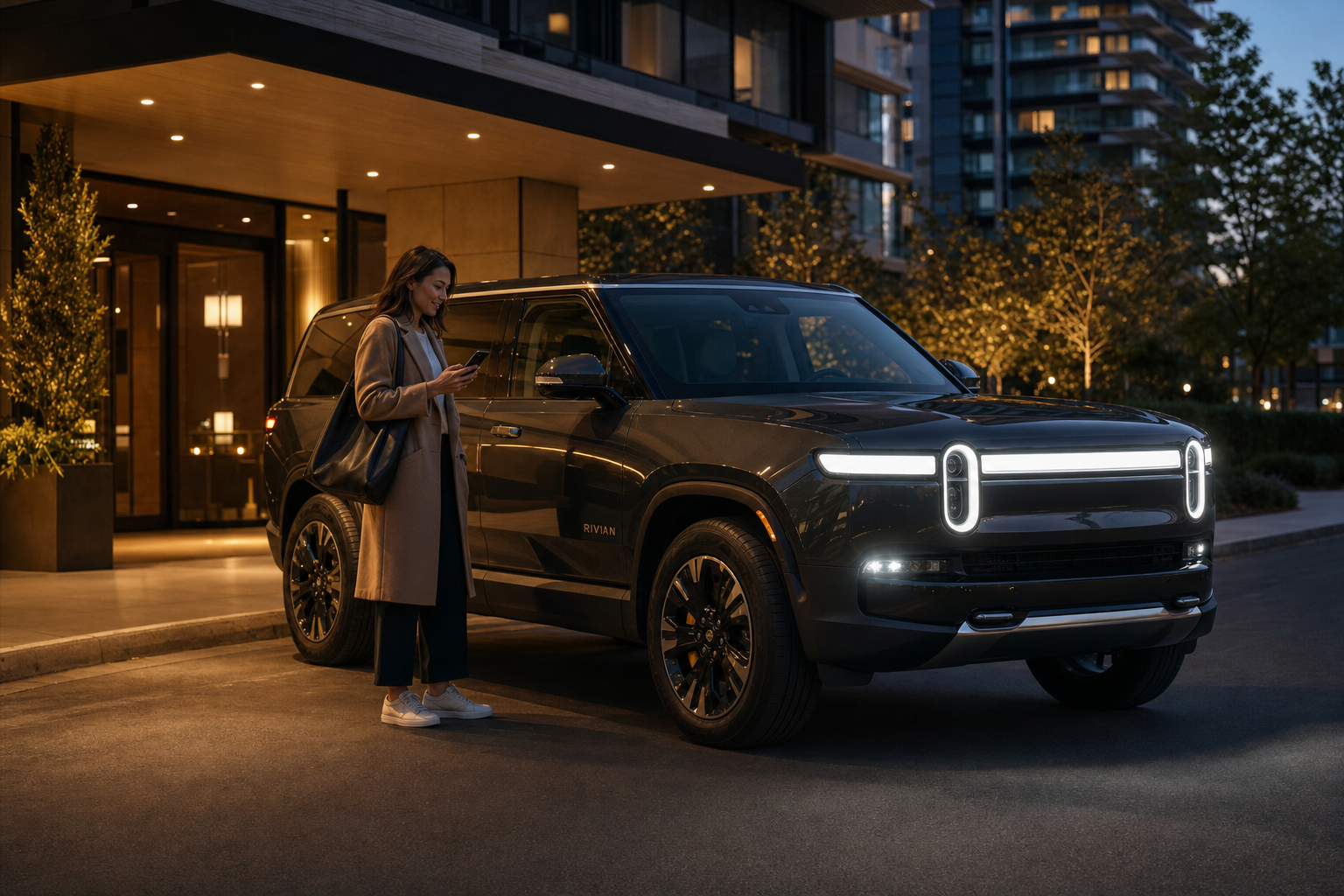 Driver unlocking an Eon vehicle with the app outside a modern building at night