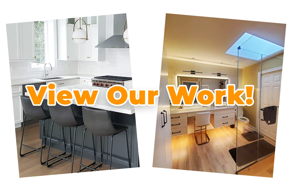 Kitchen Remodeling and Bathroom Remodeling photos with a modern touch and lively lighting. With text overlaying View Our Work!