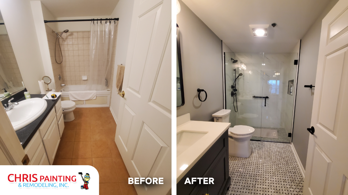 Side-by-side comparison of a bathroom before and after remodeling, showing updated shower with glass door, new tile flooring, grey vanity, and modern fixtures.