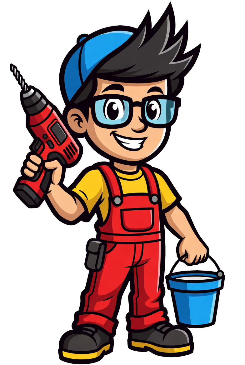 Cartoon handyman in red overalls, blue cap, glasses holding a drill and blue bucket.