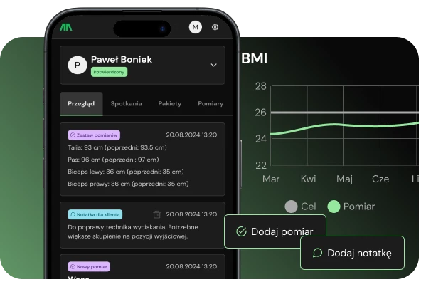 Ekran aplikacji dla trenerów personalnych, na którym znajdują się dodane przez trenera dane o kliencie takie jak rekord, pomiar i notatka. Obok znajduje się wykres prezentujący postępy klienta.