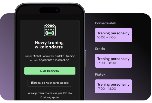Ekran skrzynki poczty e-mail pokazujący wiadomość, która potwierdza nowe spotkanie dodane przez trenera.