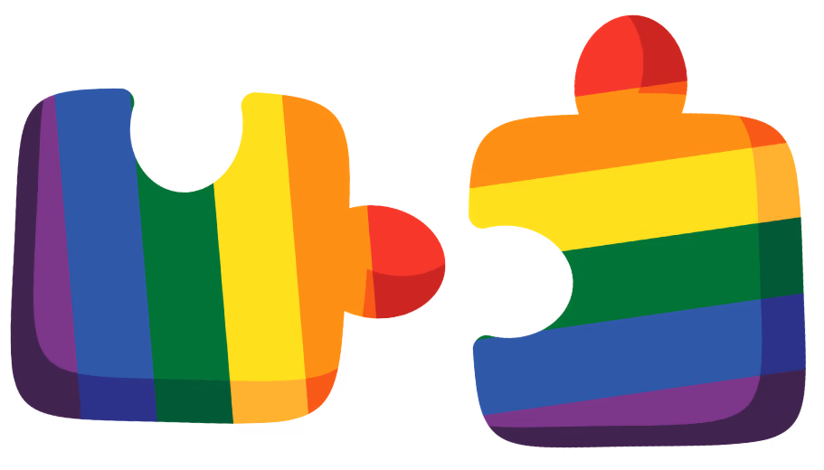 Two rainbow-coloured puzzle pieces fitting together