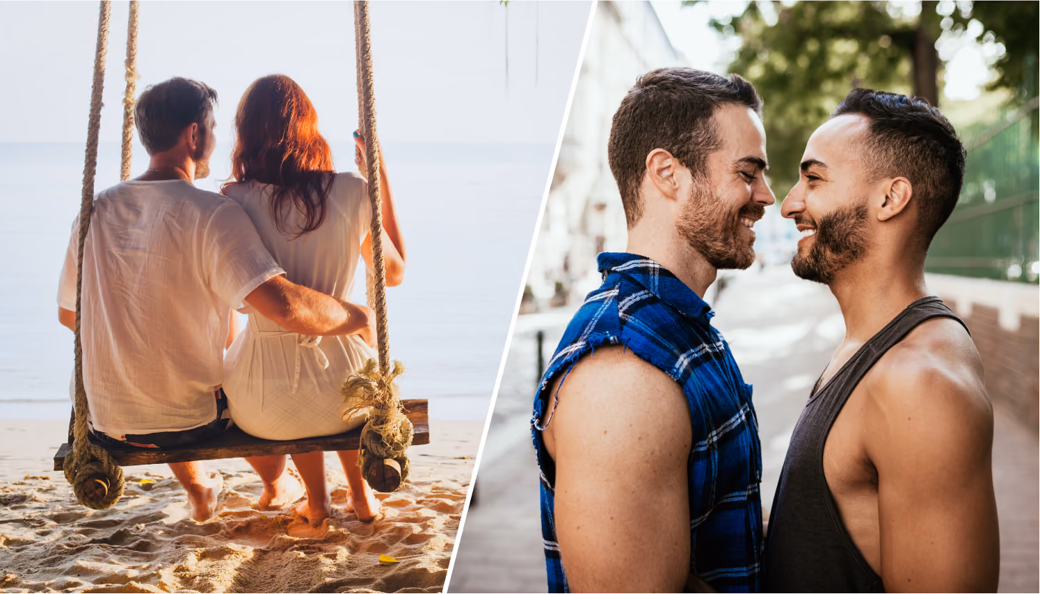 Collage image of two couples, each smiling at each other.