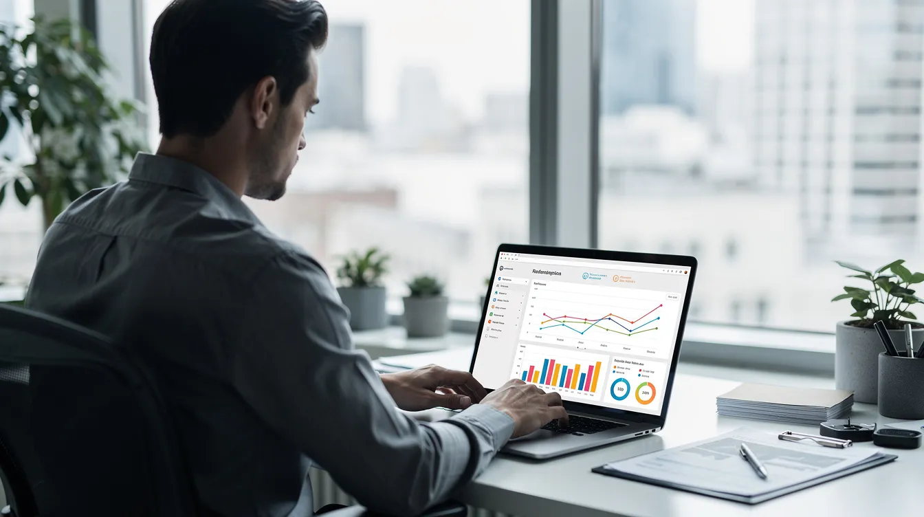 A professional marketing consultant is intently reviewing analytics data displayed on a laptop screen in a modern office setting, focusing on insights to enhance digital marketing efforts and optimize advertising campaigns for business growth. The environment reflects a commitment to effective strategies for customer engagement and retention.