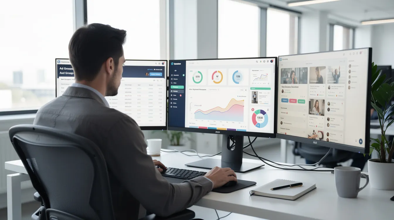 A professional marketing consultant is seated at a desk, focused on multiple monitors displaying ad dashboards and analytics, showcasing various digital marketing efforts and advertising campaigns. The setup reflects a strong understanding of marketing strategies aimed at driving business growth and customer engagement.