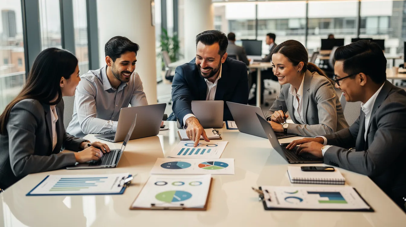 A diverse team collaborates around a conference table, utilizing laptops and reviewing charts as they discuss effective marketing strategies and digital marketing efforts aimed at enhancing customer engagement and driving business growth. Their focus on advertising campaigns and search engine optimization reflects their commitment to achieving measurable results for their clients.