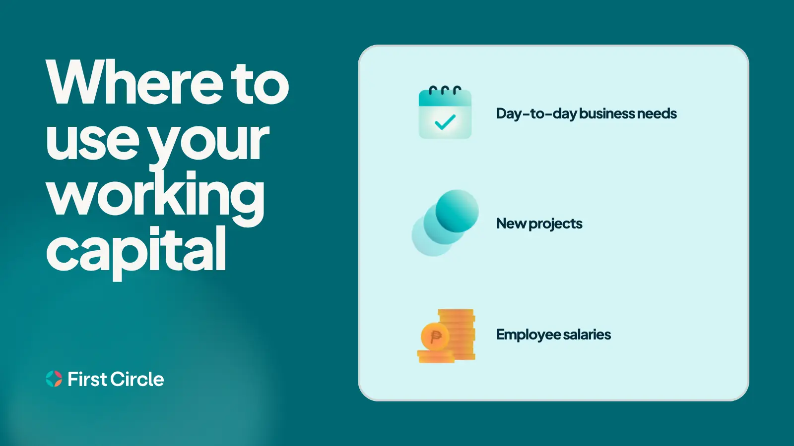 use your working capital for day to day business needs, new projects and employee salaries.