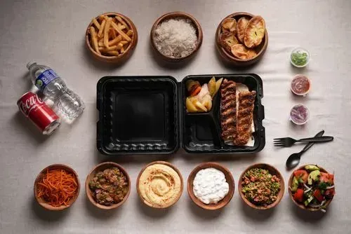 Flavorful chicken kebabs accompanied by rice, fries, potato wedges, hummus, tabbouleh, coleslaw, and a bottle of water and soda.