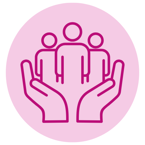 Icon of two open hands holding three people figures inside a pink circle.