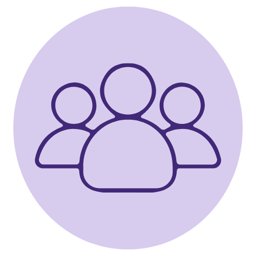 Three outlined abstract human figures in purple on a light purple circular background.
