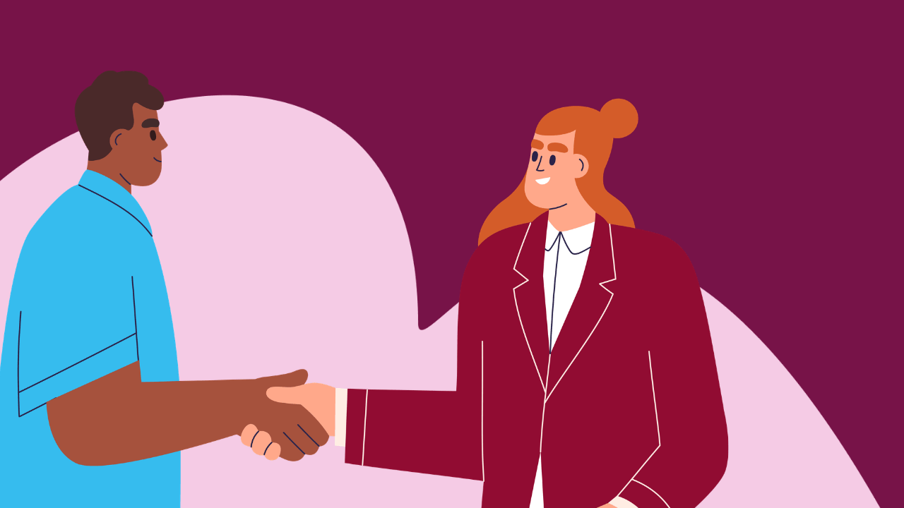 Illustration of a man and a woman shaking hands against a purple and pink background.