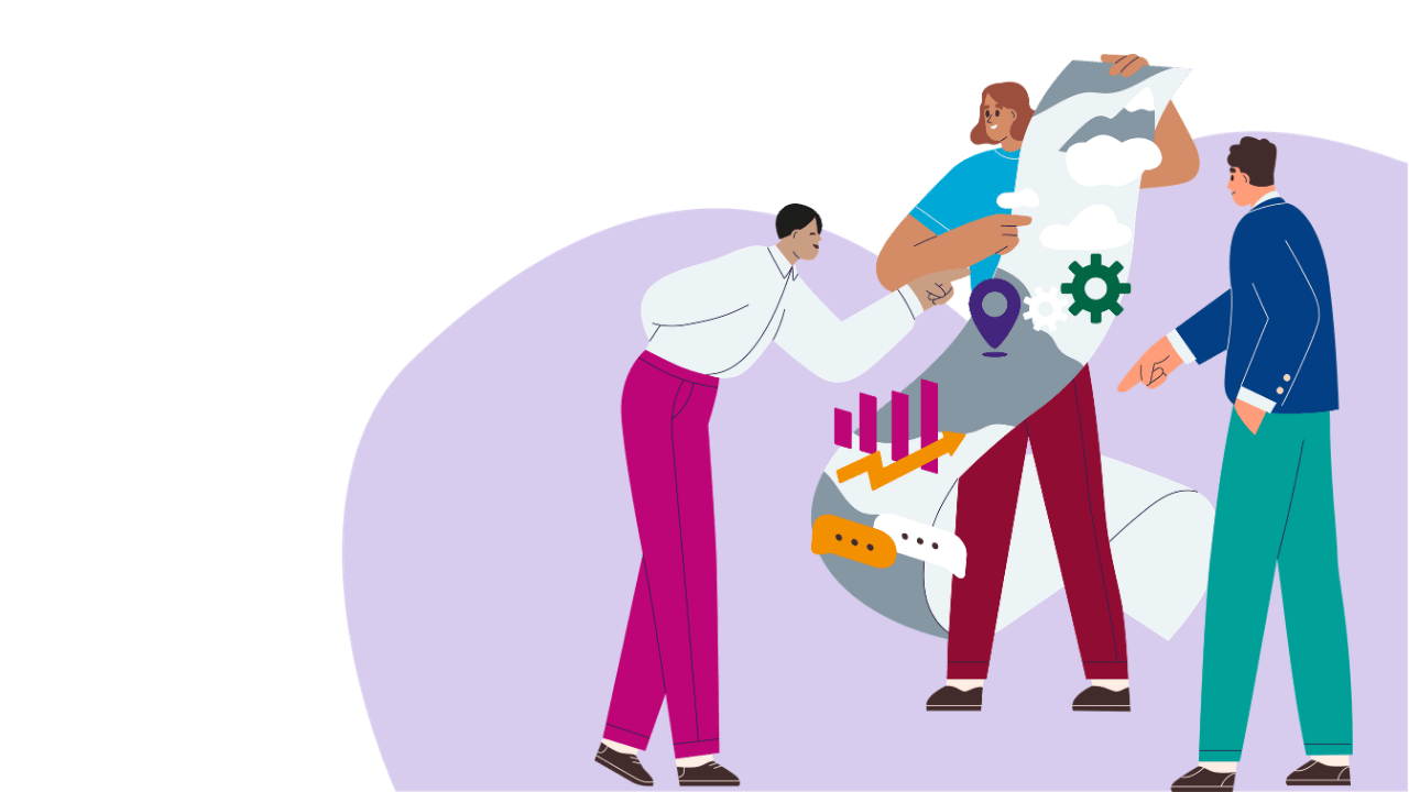 Three people analyze a long scroll with graphs, gears, and location icons against a purple shape.
