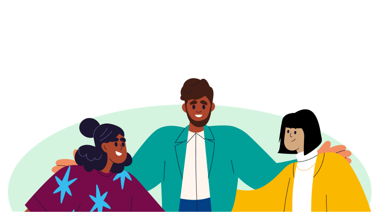 Illustration of three diverse smiling people standing together with arms around each other.