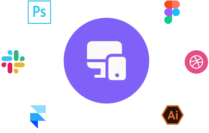 A purple circle with different icons on it.