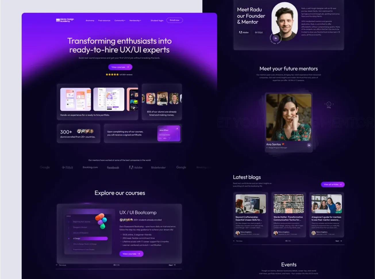 A purple website design with a dark background.