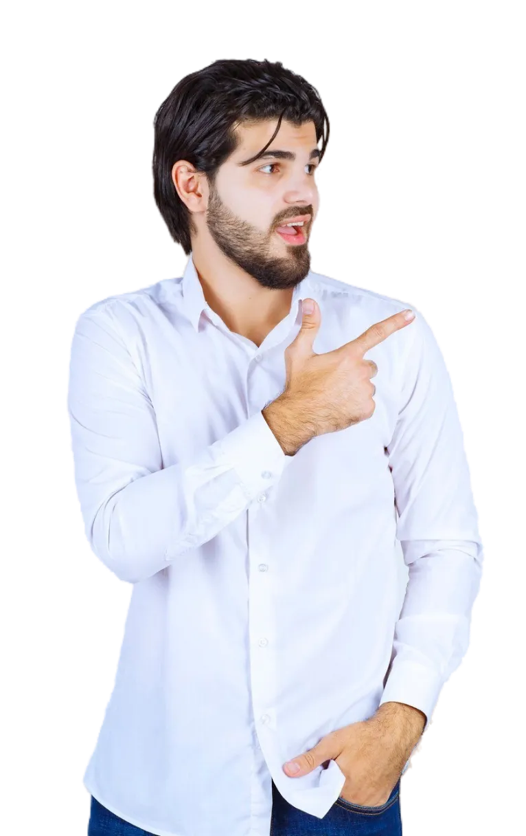 A man in a white shirt pointing at something.