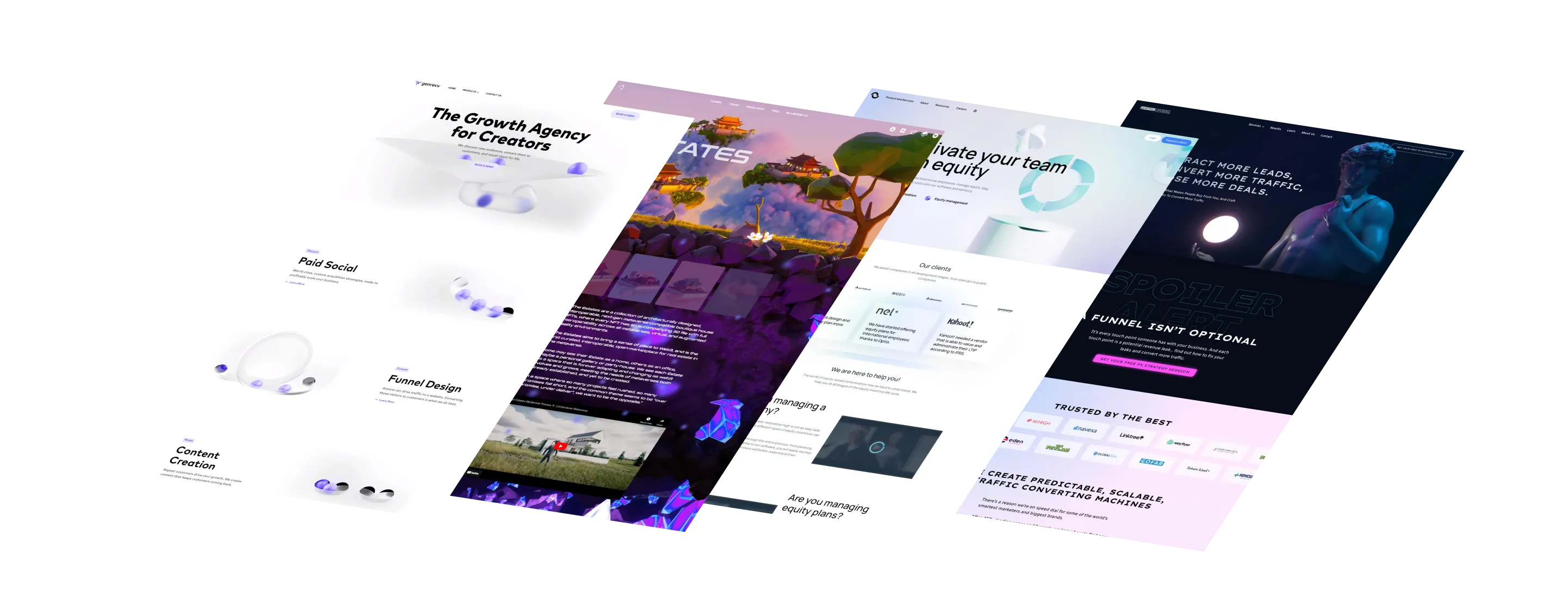 A series of three web pages with a dark background.