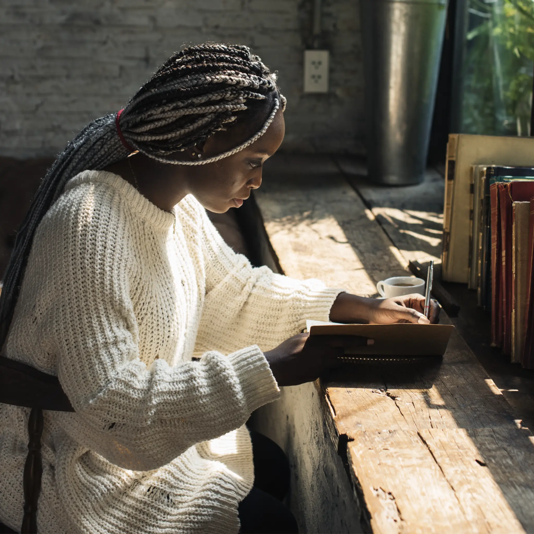 Woman with braided hair in white sweater writing in notebook at a sunlit wooden desk with books.