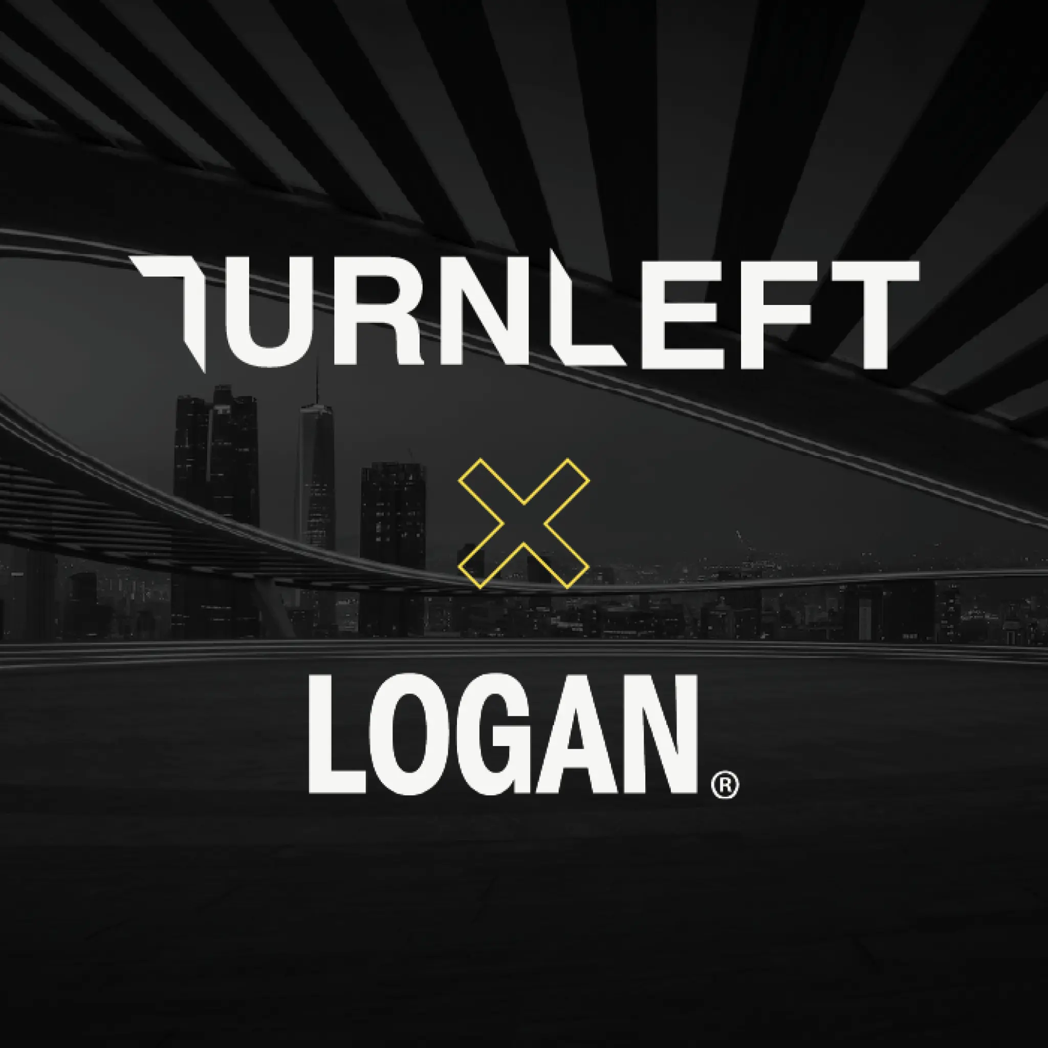 White text TURNLEFT above white LOGAN separated by a yellow-outlined X on a dark cityscape background.