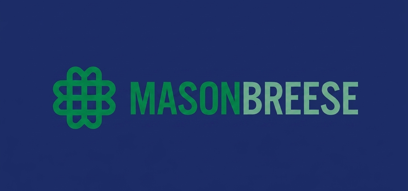 Mason Breese company logo with a green stylized geometric symbol on a dark blue background.