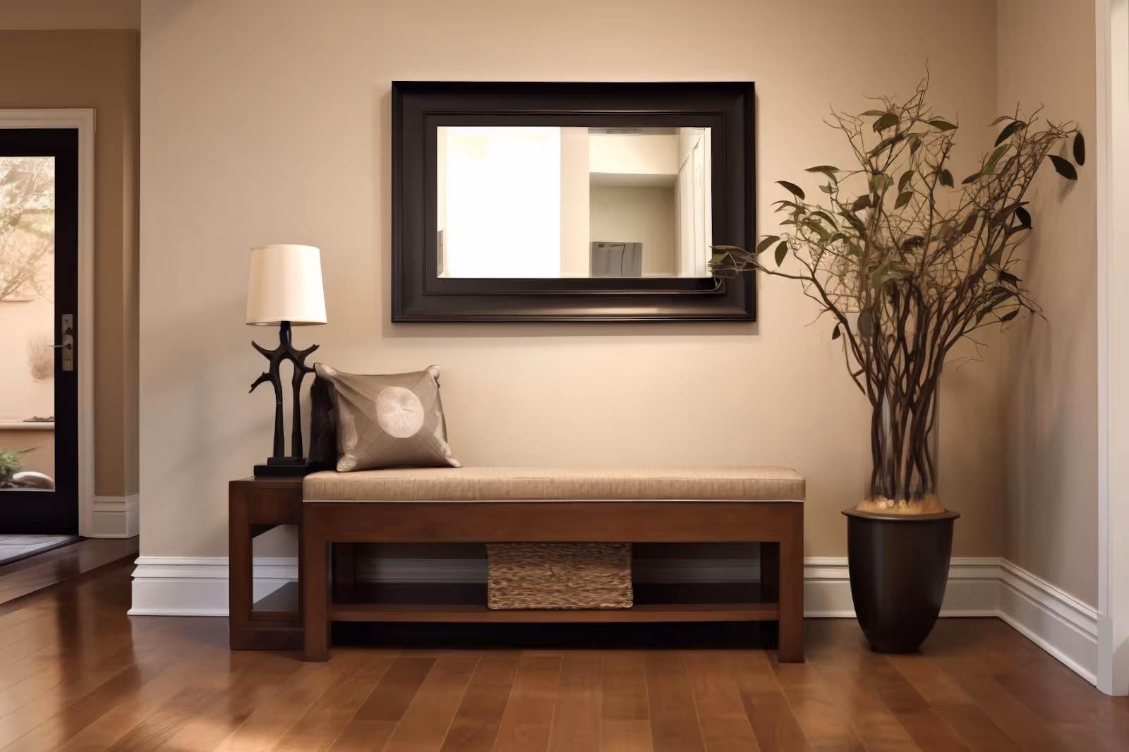 Sitting area with bench, black decor, and dark hardwood floors