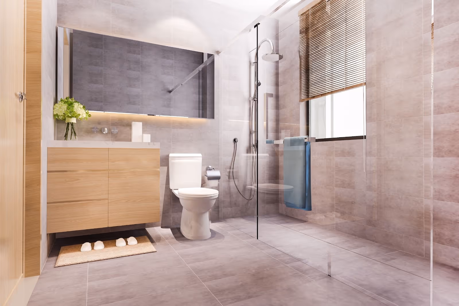 Modern gray bathroom with wooden decor and ceramic floor tiles