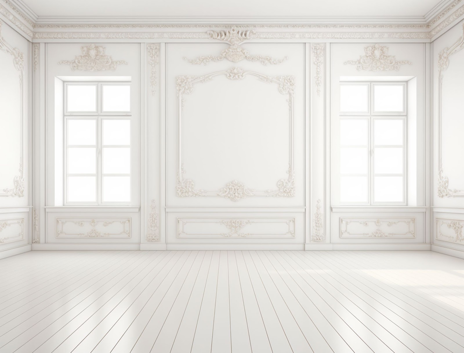 White oak hardwood floor with art deco style white walls