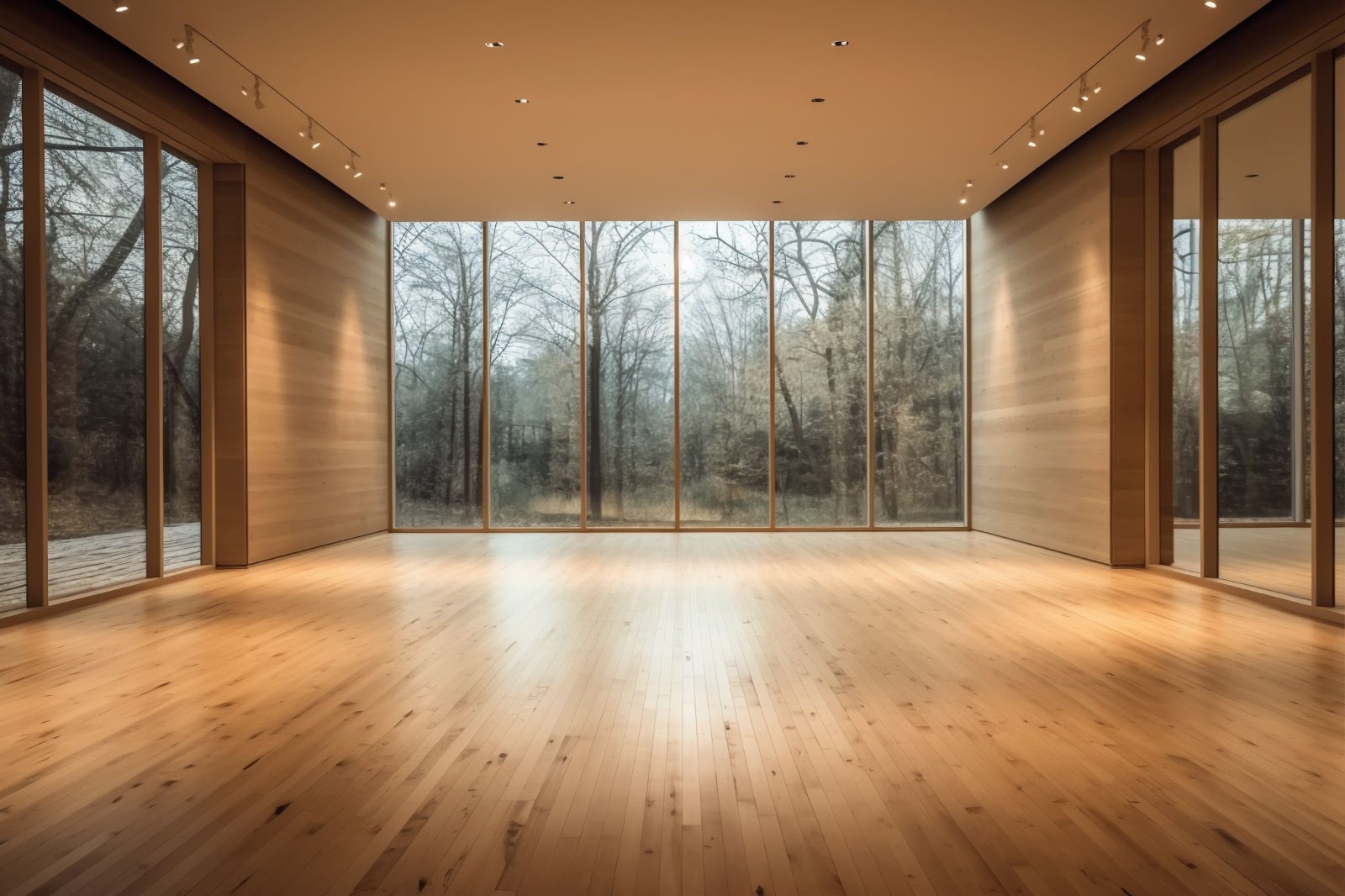 Light hardwood floor in an airy room with open-plan stacking doors