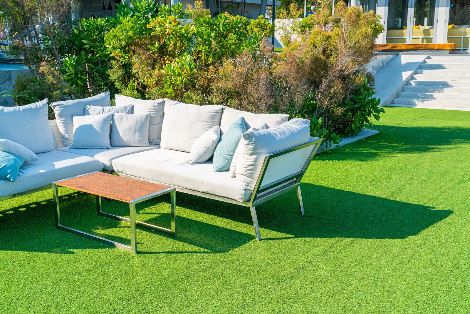 Outdoor patio set on artificial turf