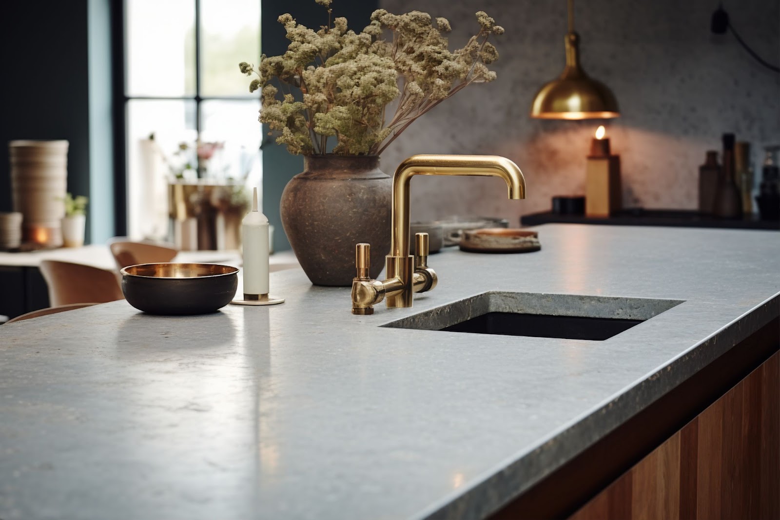 Grey quartz kitchen countertop with golden brass tap