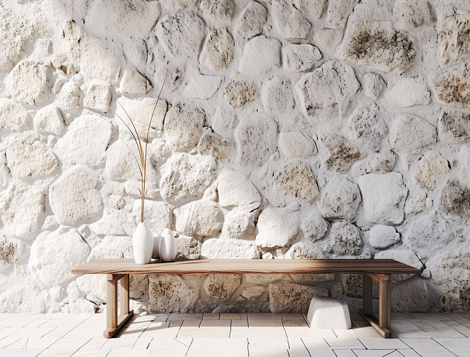 Rustic light farm style tile flooring with stone background and wooden bench