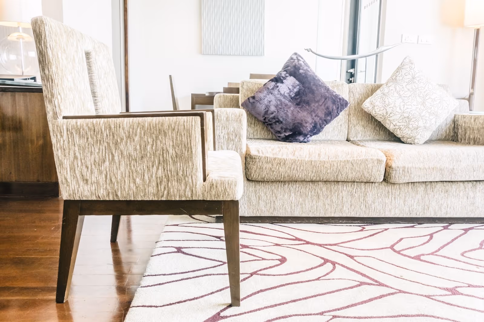 Patterned rug with modern furnishings