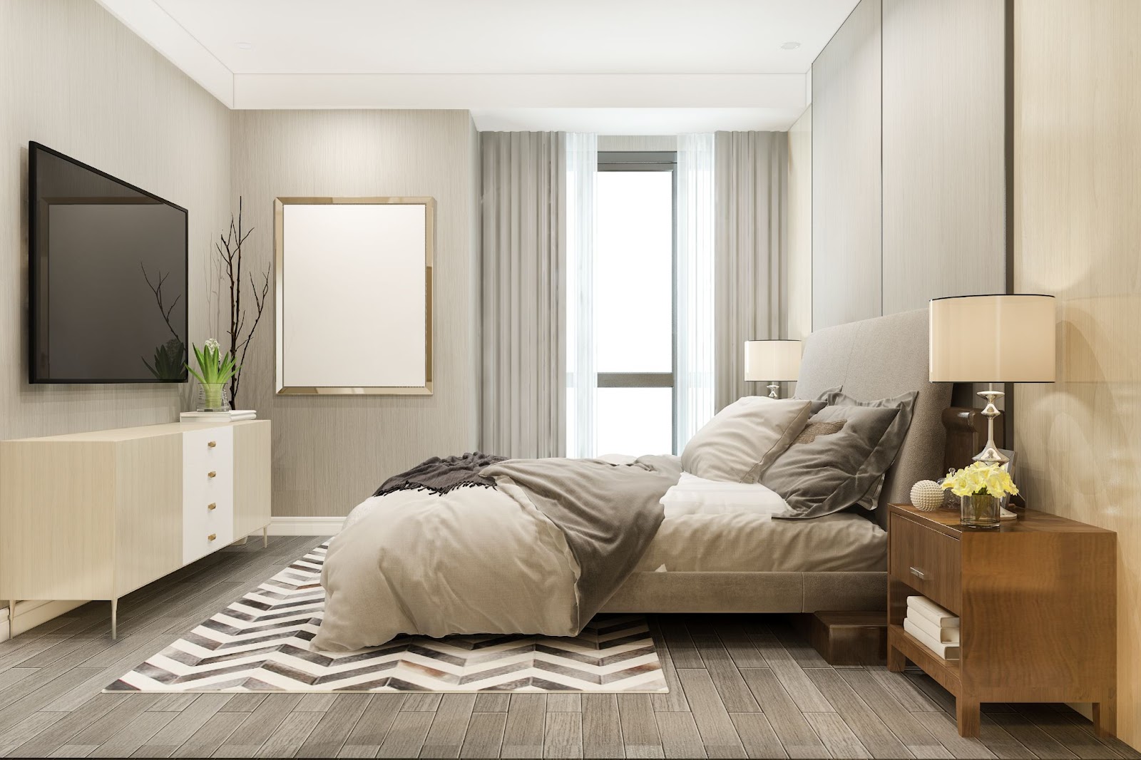 Stone & gray room with chevron patterned rug
