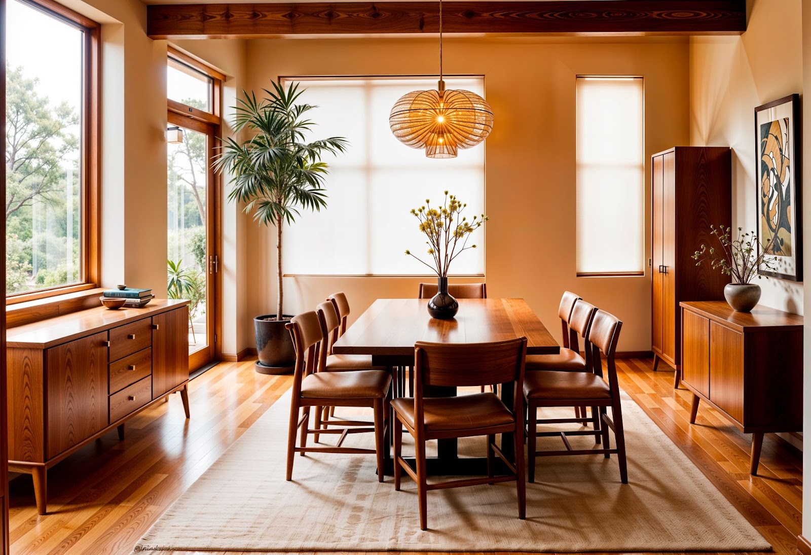 Dining room set with large area rug extending beyond dining table