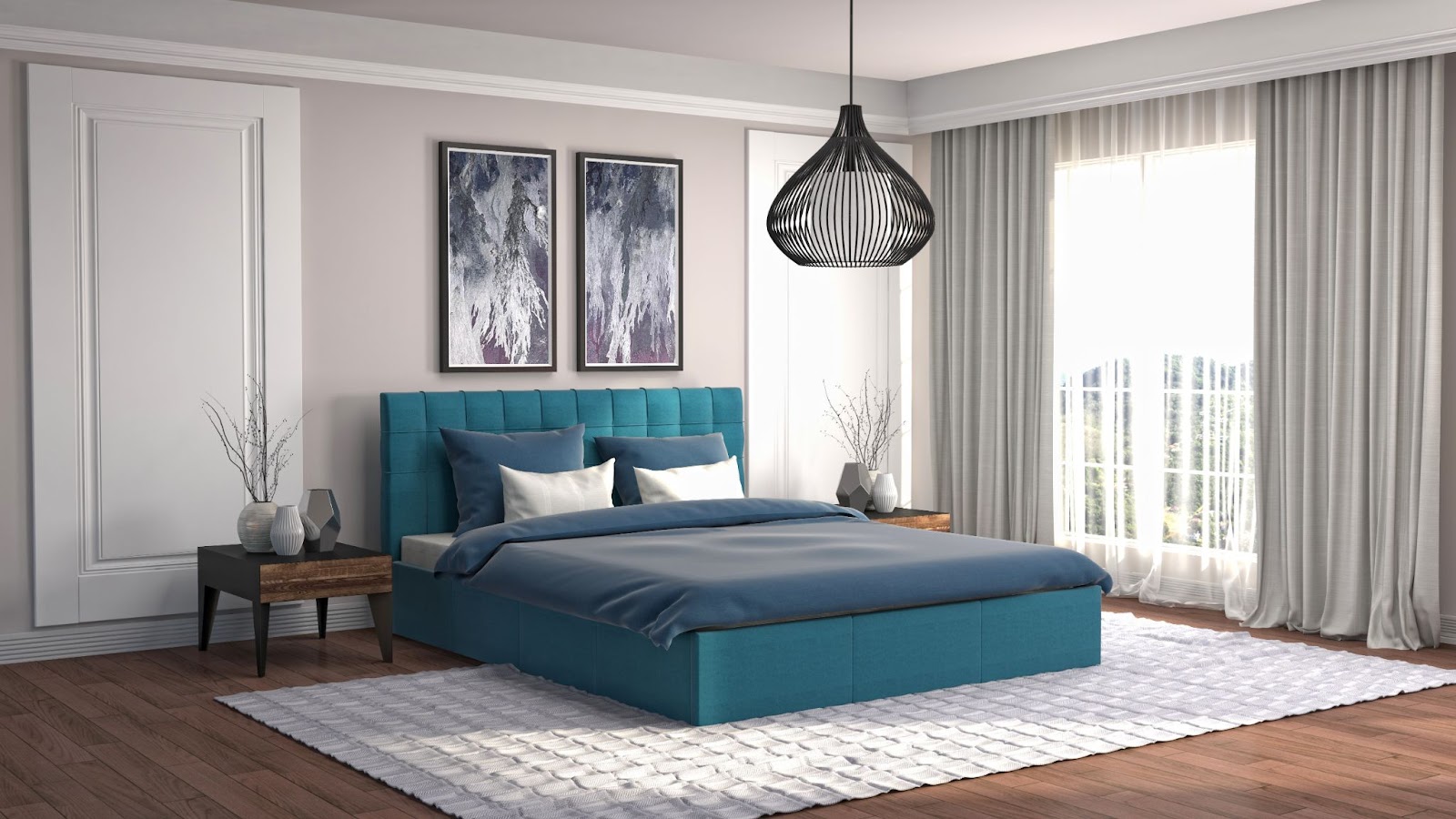 Bedroom visual mockup with textured carpet beyond the sides and foot of the bed