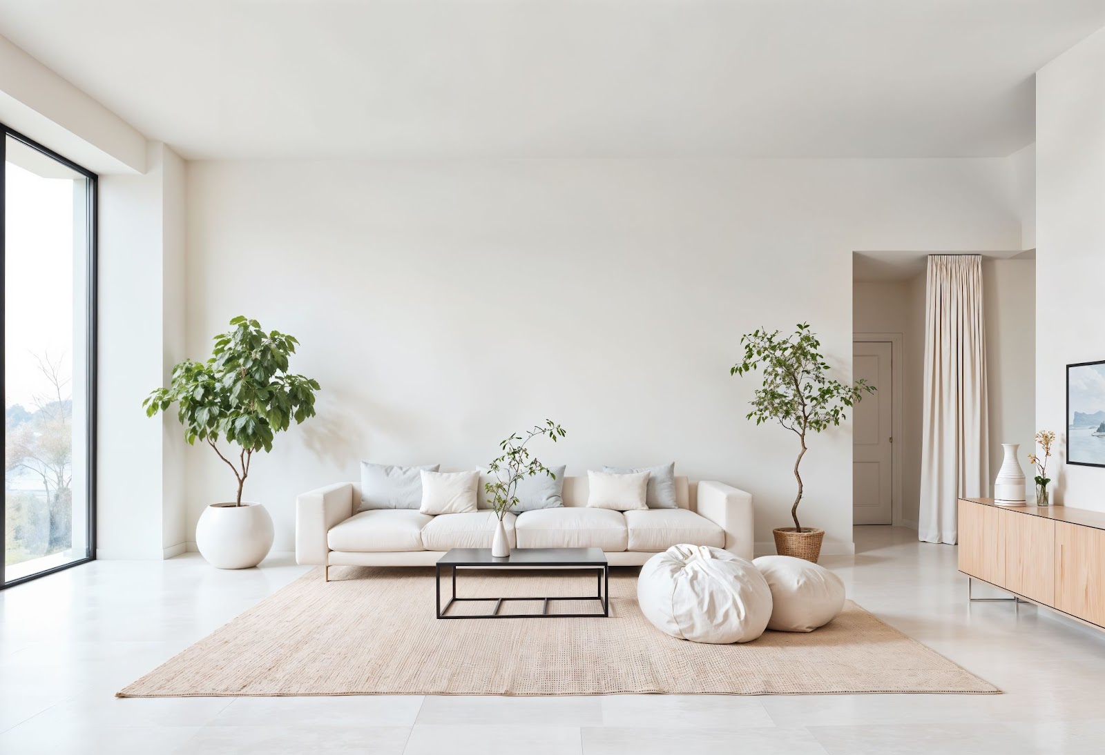 Beige couch with front legs touching the rug in a light-lit living room