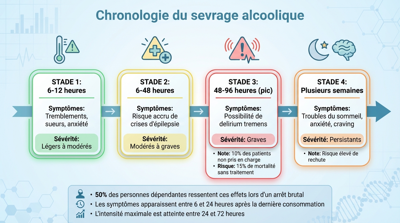 Chronologie des symptômes de sevrage alcoolique : de 6 heures à plusieurs semaines