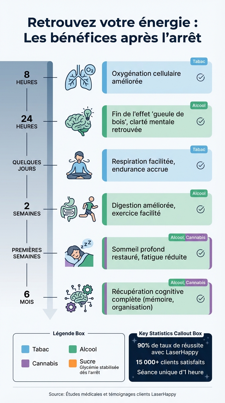 Chronologie des bénéfices énergétiques après l'arrêt des addictions