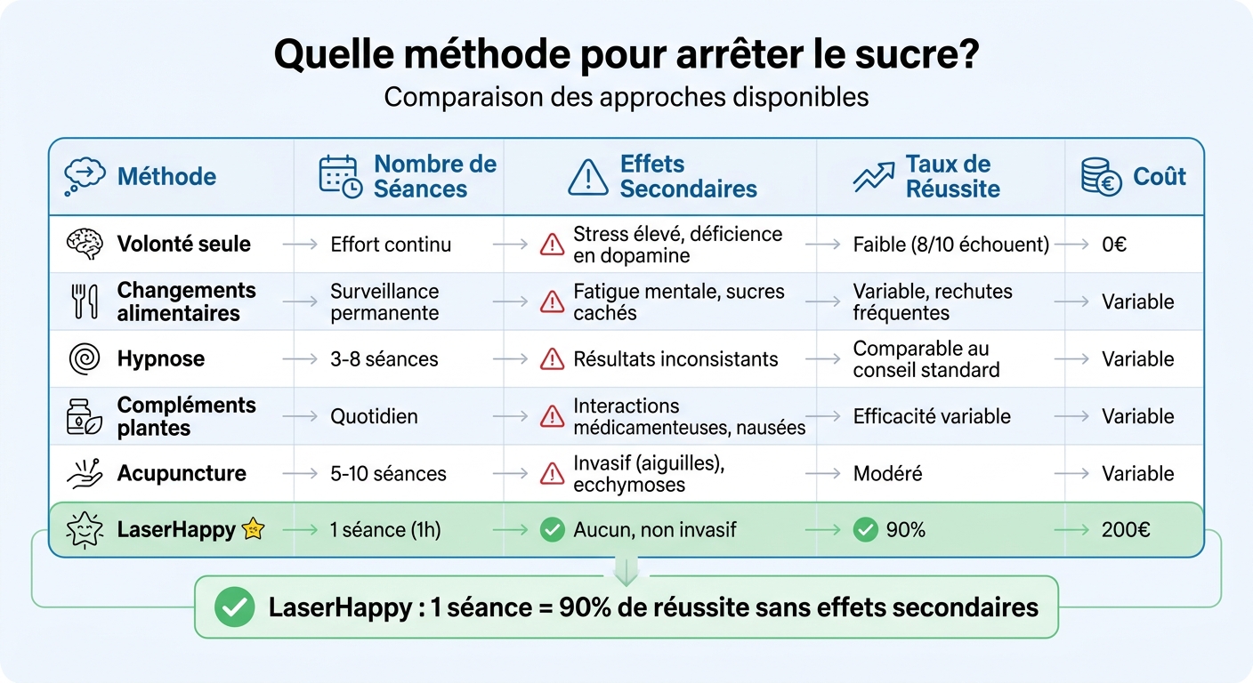 Comparaison des méthodes pour arrêter le sucre : LaserHappy vs méthodes traditionnelles