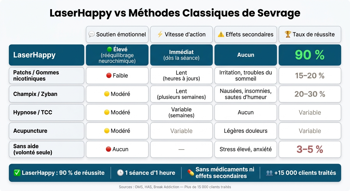 LaserHappy vs Méthodes Classiques de Sevrage : Comparaison Complète